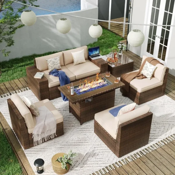 7 Piece Patio Furniture Set with 44 Inch Fire Pit Table