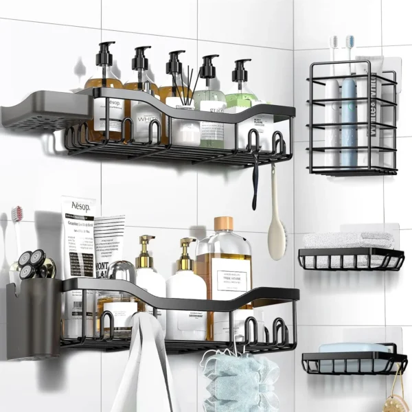 Large Capacity No-Drill Bathroom Organizer with Soap Dish & Hooks